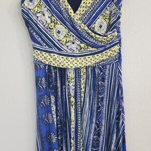 Anthropologie Maeve Tamera Surplus Cap Sleeve Blue and Yellow dress - size LG